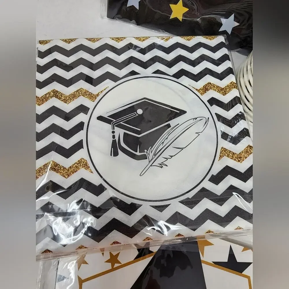 Grad Party Black‎ & Gold Graduation Party Plates Cups Napkins Tablecloth Hangers